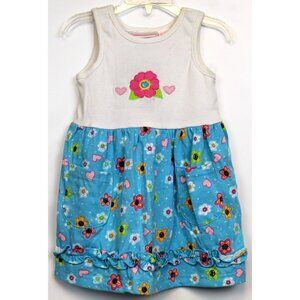 1990s Caitlyn Scott Tank Dress Flowers Summer Blue Pockets sz 3T White Bodice